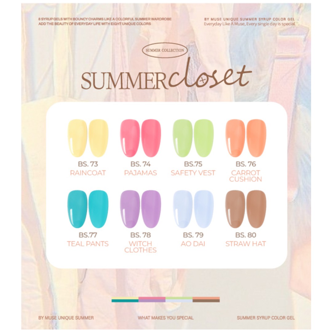 By Muse Hema Free Syrup Gel Polish Summer Closet Collection BS73-80 (8pcs), gel nails designs, nail store