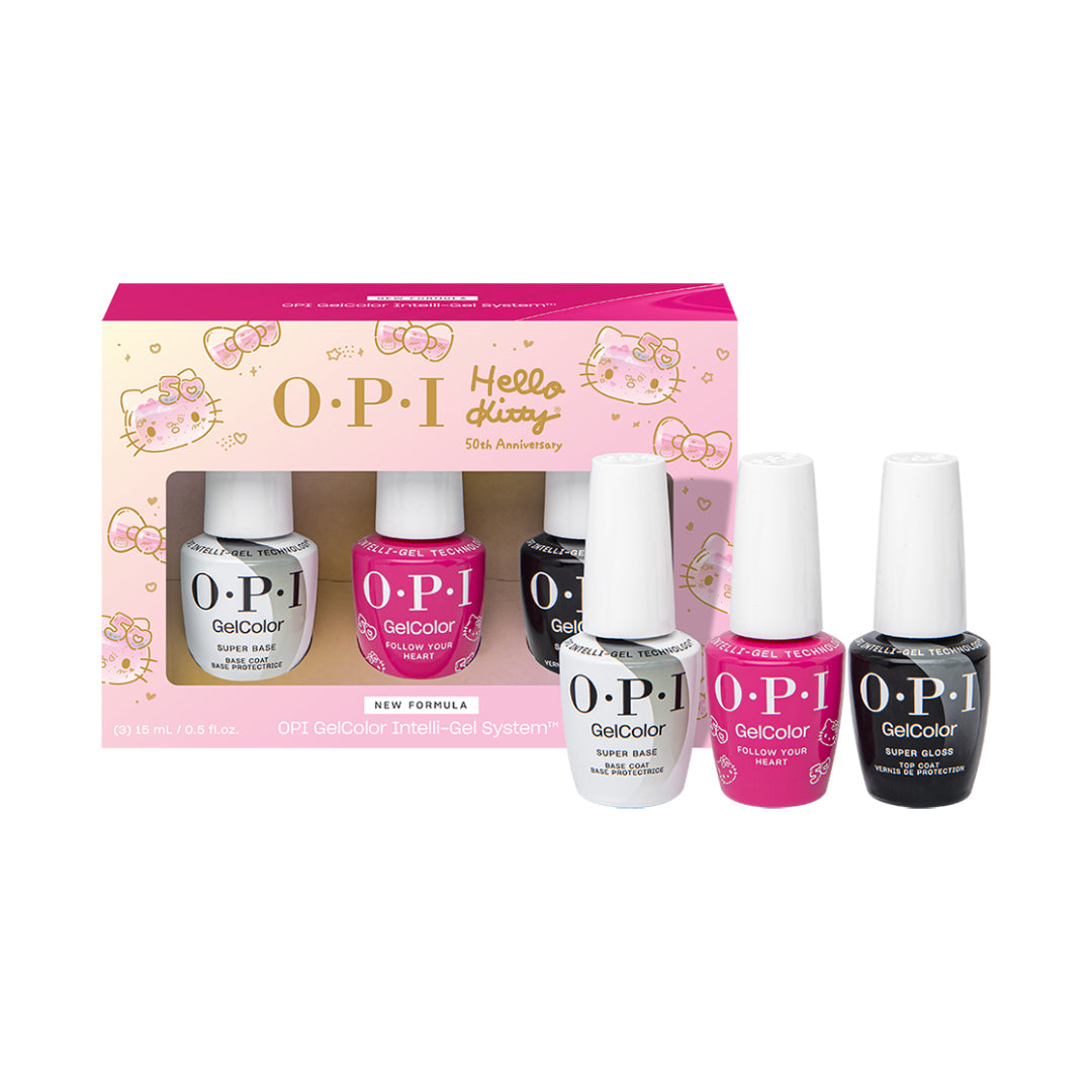 OPI Hello Kitty 50th Gel Polish - base coat, top coat, and a limited edition deep pink shade.
