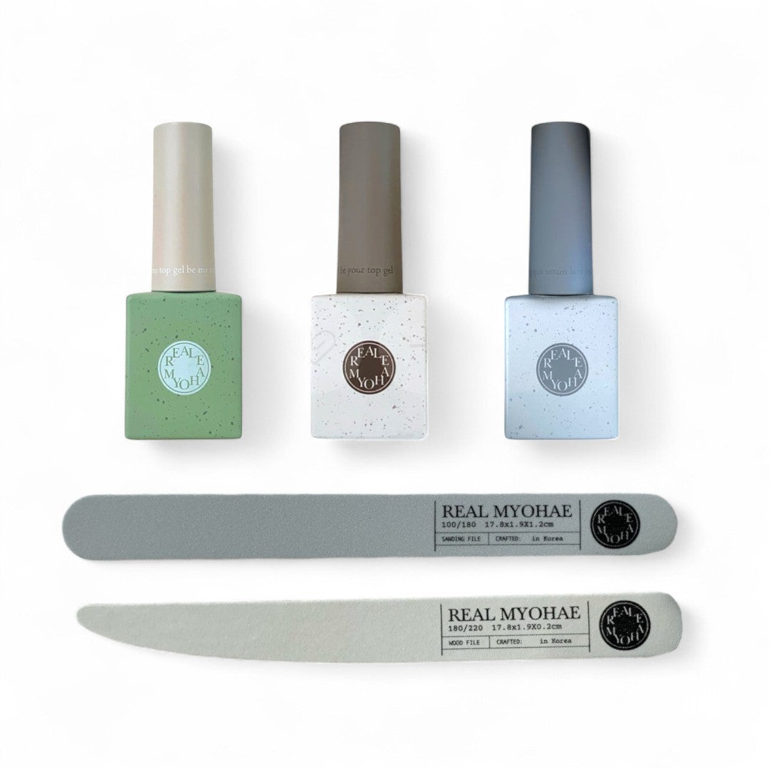 Real Myohae 3-Piece Gel Top Coat + Free 1 Wood File & 1 Sanding Buffer