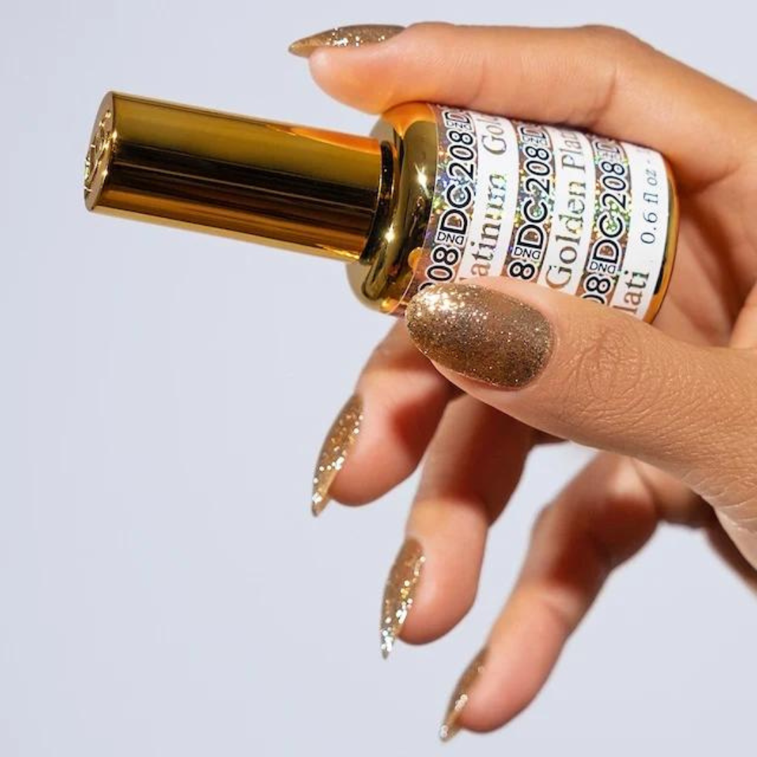 DND DC Platinum 208 Golden - Metallic Glitter Gel Polish, dnd gel polish