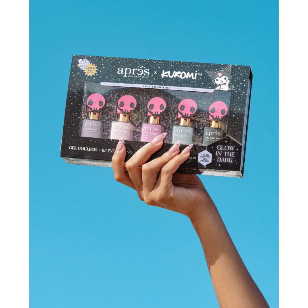 Apres Kuromi Naught & Nice Flash Glitter Gel Couleur W/ Pink Skull Cap Accessory (Set Of 5)