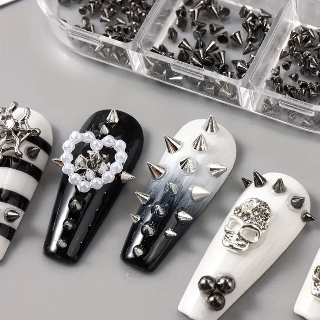 CNBS Nail Charms – Mixed White/Black Punk Cone Spikes (6 Grids)