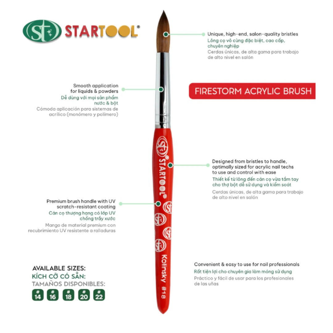 Startool Acrylic Brush - Firestorm Kolinsky Red Handle #18