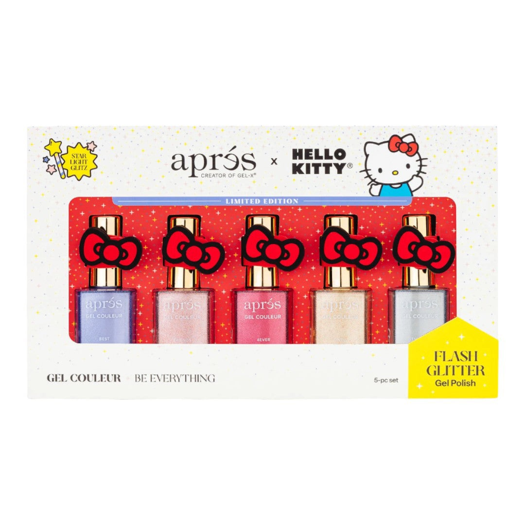 Apres Hello Kitty Best Friends Flash Glitter Gel Couleur W/ Red Bow Cap Accessory (Set Of 5)
