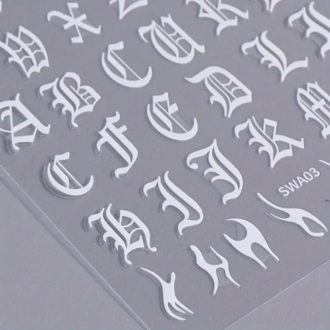 CNBS Nail Stickers - Black & White Gothic Old English Letters (2 Sheets)