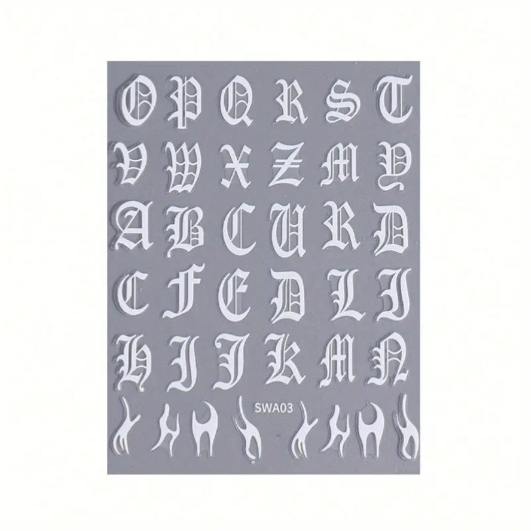 CNBS Nail Stickers - Black & White Gothic Old English Letters (2 Sheets)