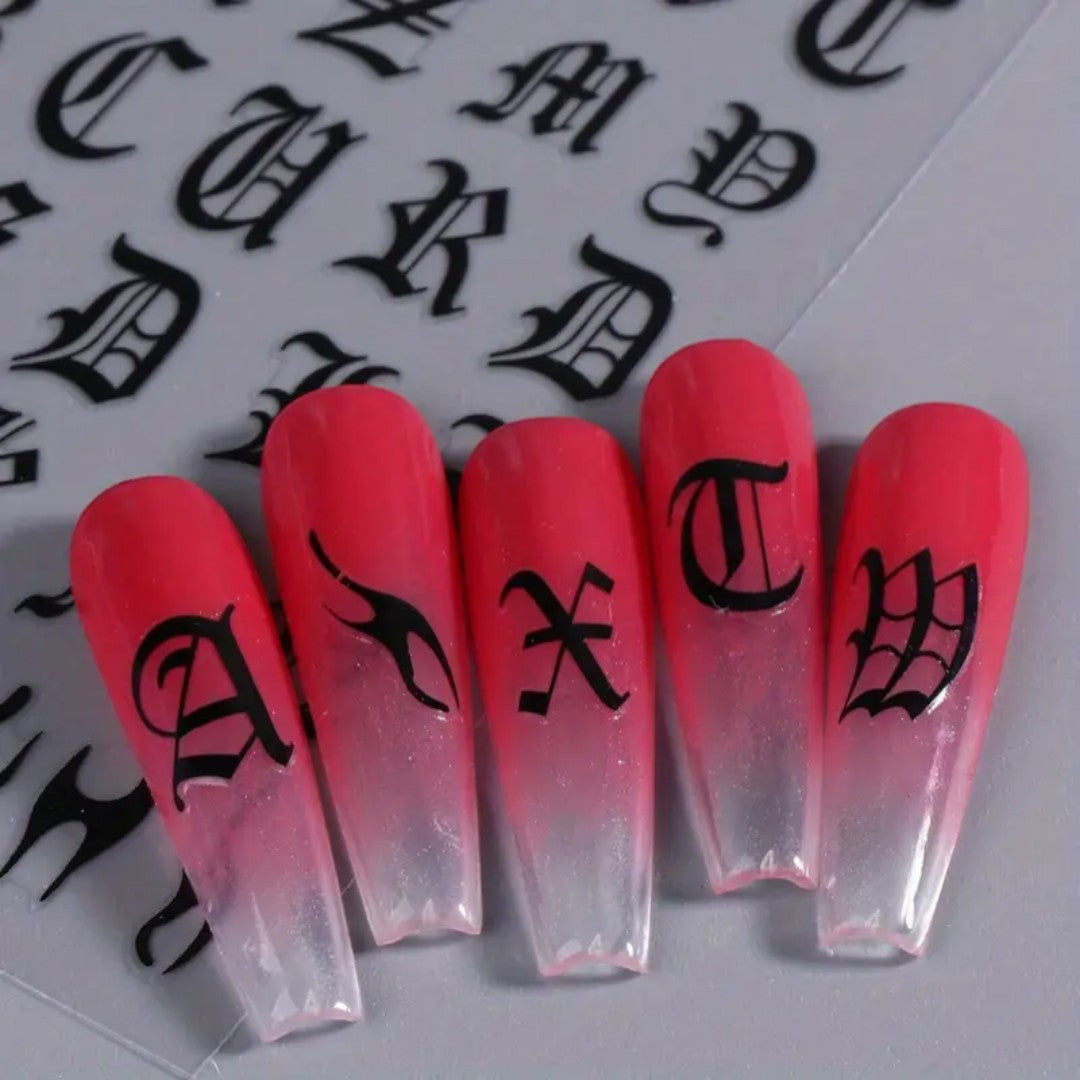 CNBS Nail Stickers - Black & White Gothic Old English Letters (2 Sheets)