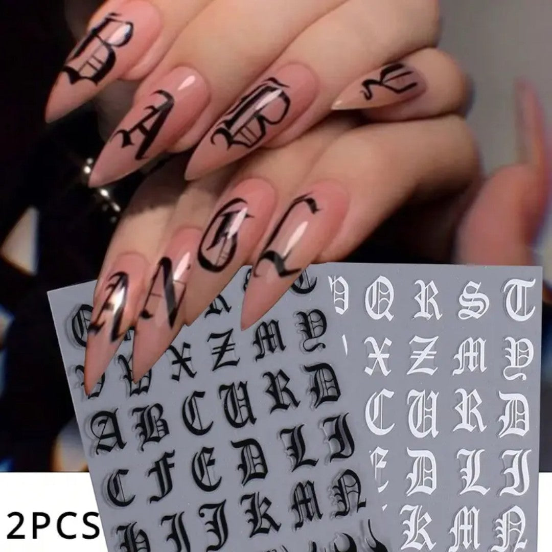 CNBS Nail Stickers - Black & White Gothic Old English Letters (2 Sheets)