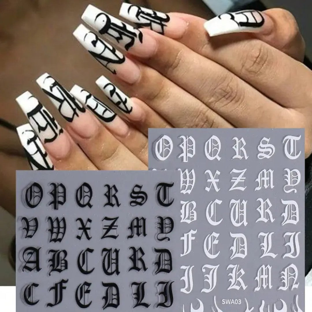 CNBS Nail Stickers - Black & White Gothic Old English Letters (2 Sheets)