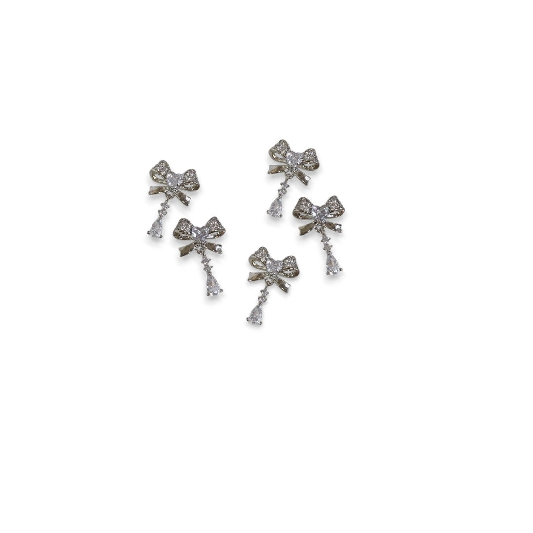 CNBS Nail Charms Silver Bow with Crystal Heart, elegant simple rhinestone nail designs​