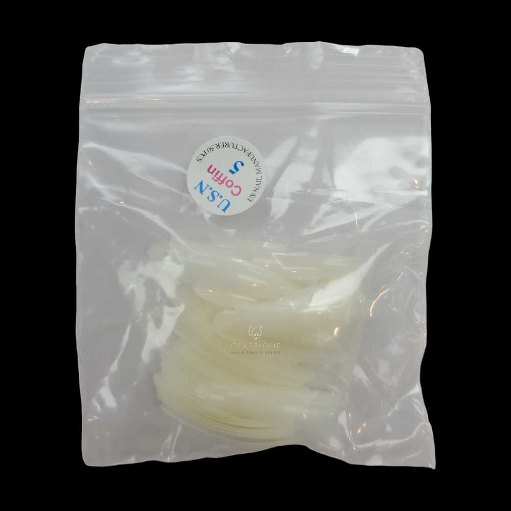 USN Nail Tips Natural Coffin (Bag of 50), acrylic nail tips, nail tip shapes