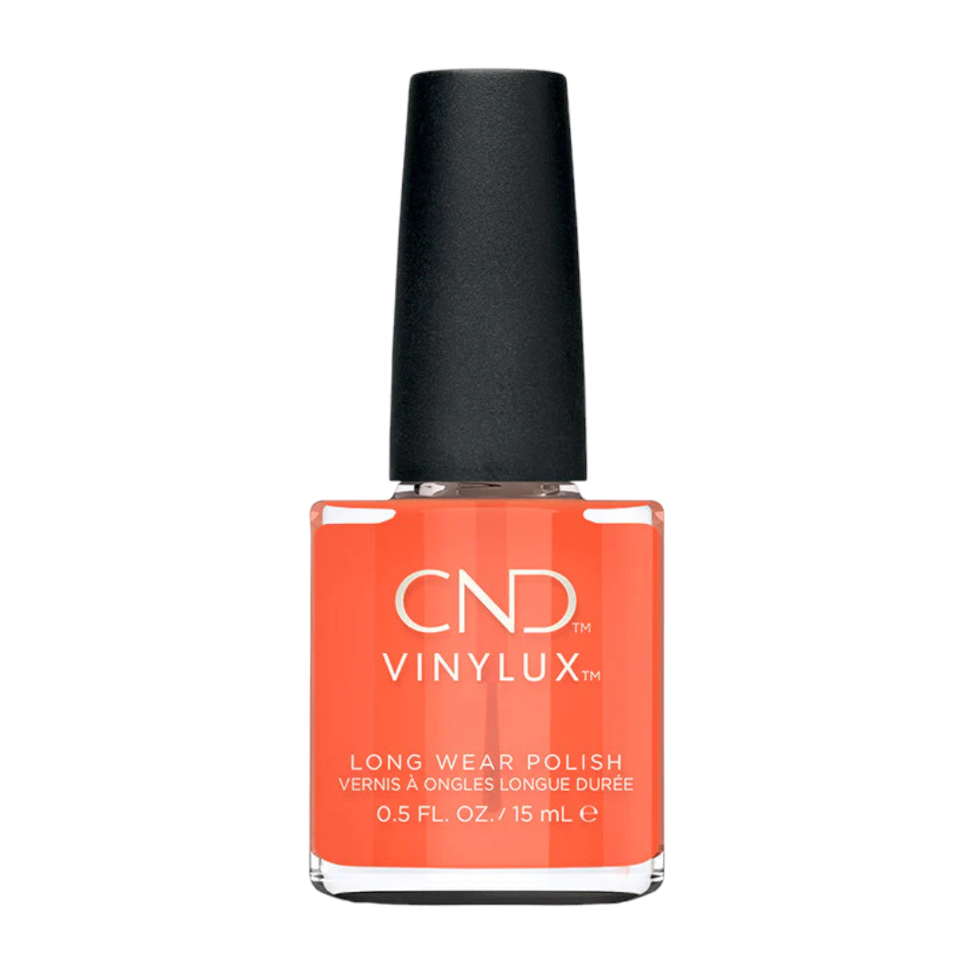 CND Vinylux Nail Polish - 471 Ig-Night-Ed, A sheer red-orange that lights up the night.