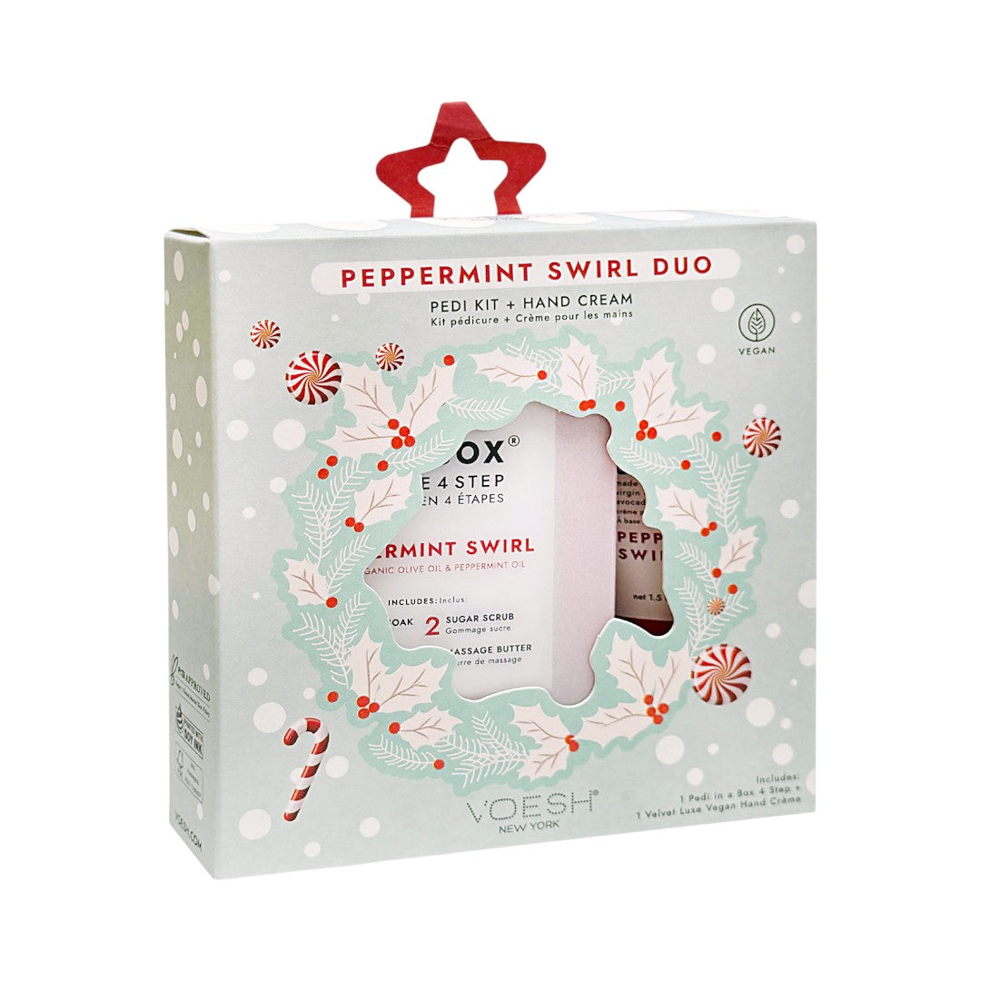 Voesh Peppermint Swirl Duo (4 Step Pedi Kit + Hand Cream + Nail Stickers)