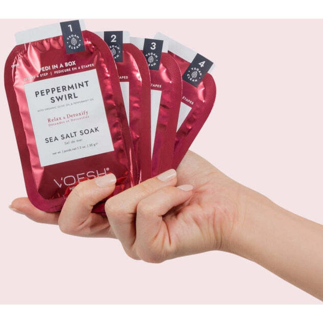 Voesh Peppermint Swirl Duo (4 Step Pedi Kit + Hand Cream + Nail Stickers)