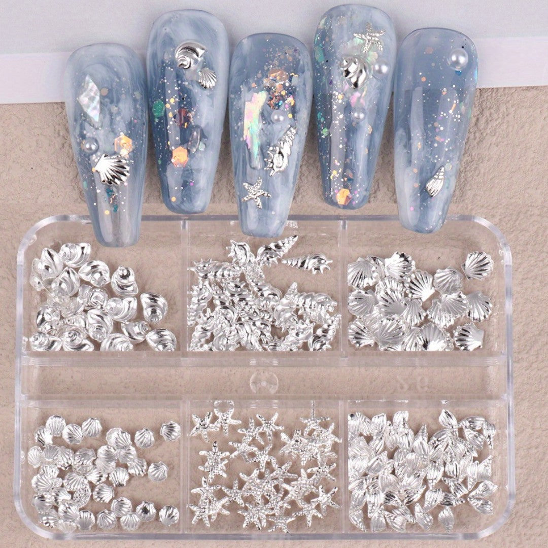 CNBS Nail Art Charms - Shells & Starfish (6 Grids) - Silver