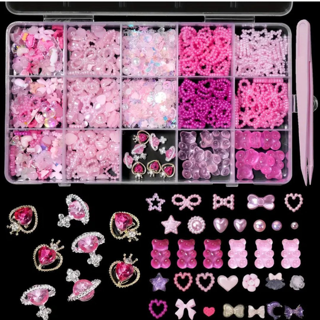 CNBS Nail Charm - Mixed Pink Styles w/ Tweezer (15 Grids)