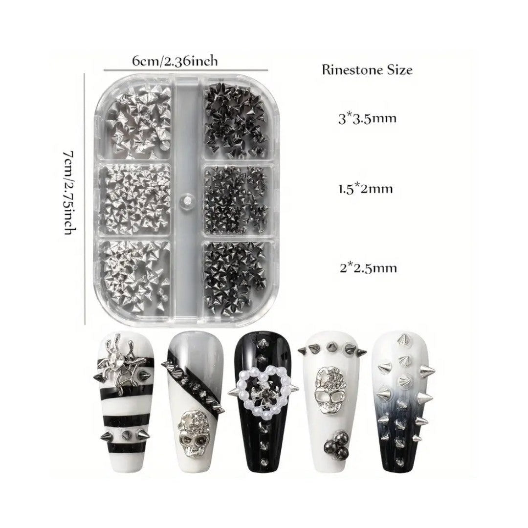 CNBS Nail Charms – Mixed White/Black Punk Cone Spikes (6 Grids)