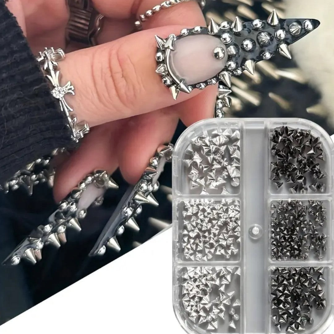 CNBS Nail Charms – Mixed White/Black Punk Cone Spikes (6 Grids)