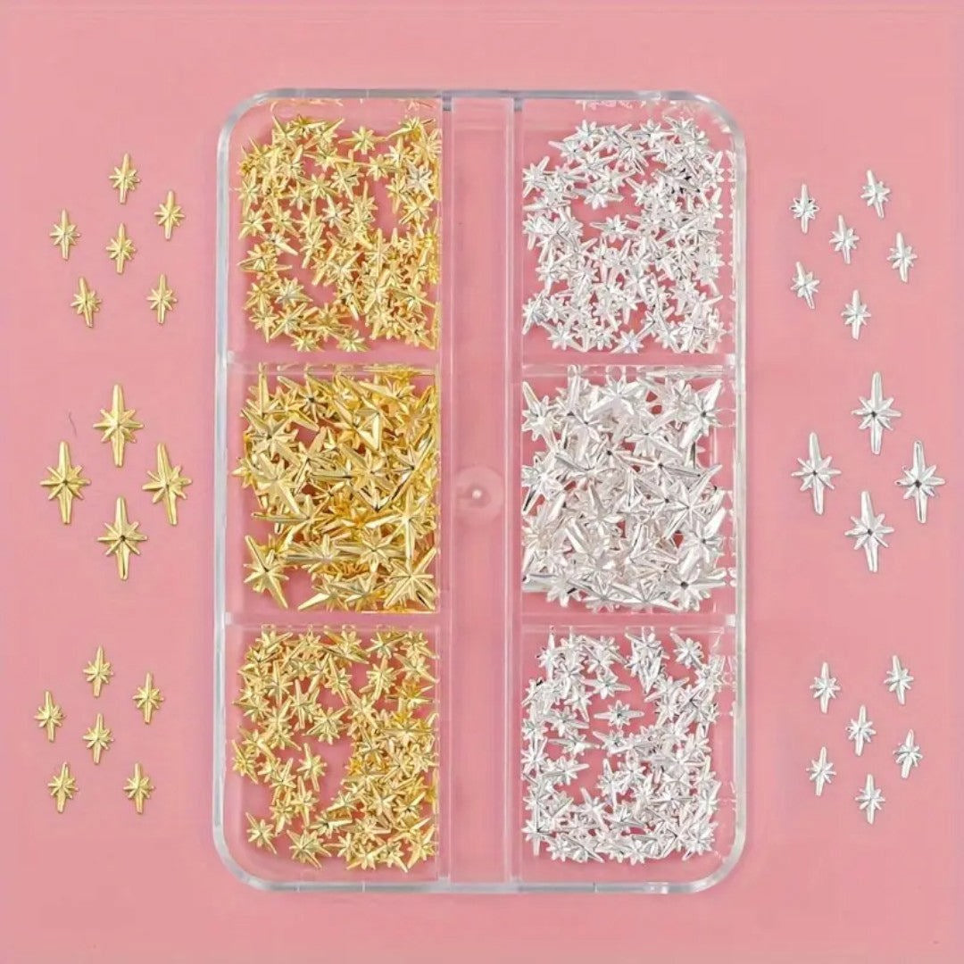 CNBS Nail Charms – Mixed Gold/White Nail Rivet Stars (6 Grids)