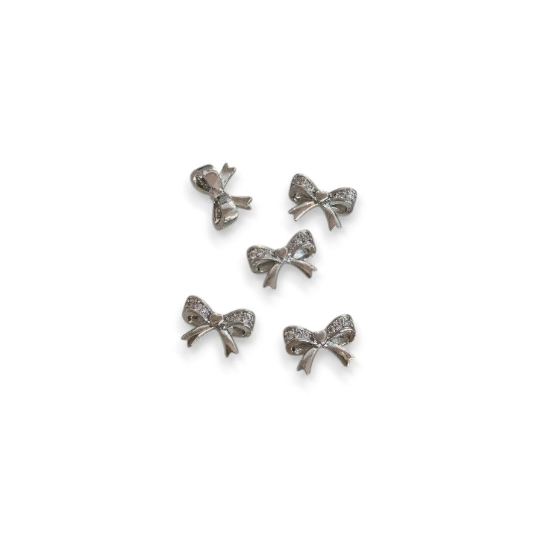 CNBS Nail Charms - Silver Bowknot w/ Crystal (5pcs)