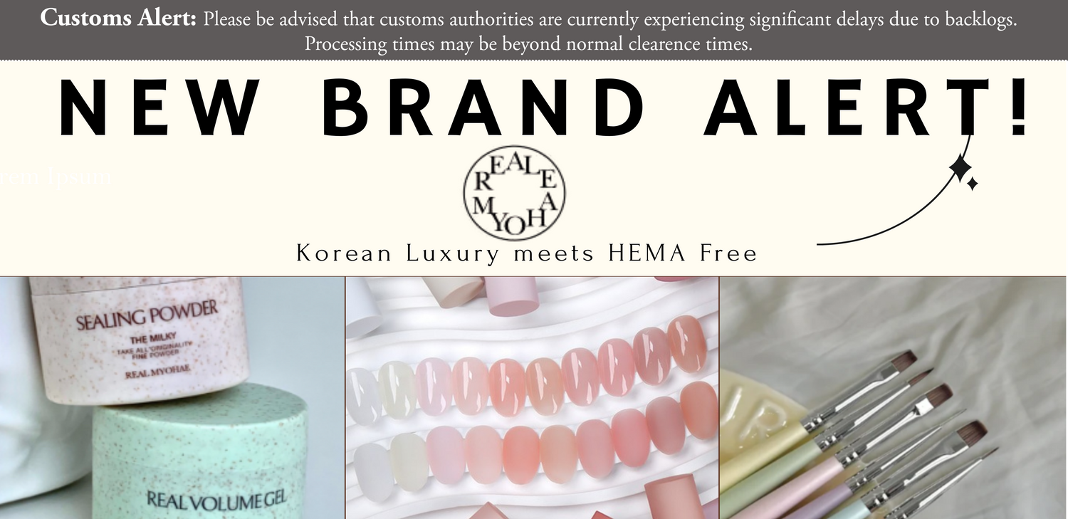 Advertisement for a new brand with cosmetic products and text about customs delays.
