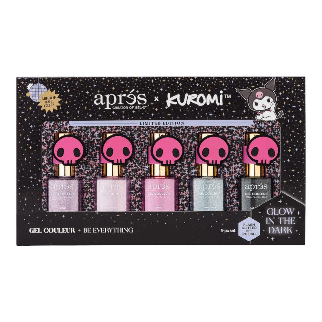 Apres Kuromi Naught & Nice Flash Glitter Gel Couleur W/ Pink Skull Cap Accessory (Set Of 5)