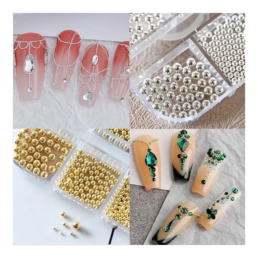 CNBS Nail Charms - Caviar Beads White/Gold With Magnetic Pen (12 Grids)