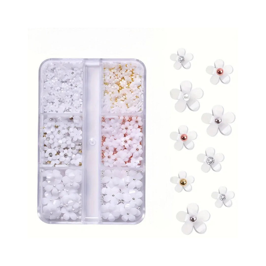 CNBS Nail Charms - White Jeweled Flowers Tray