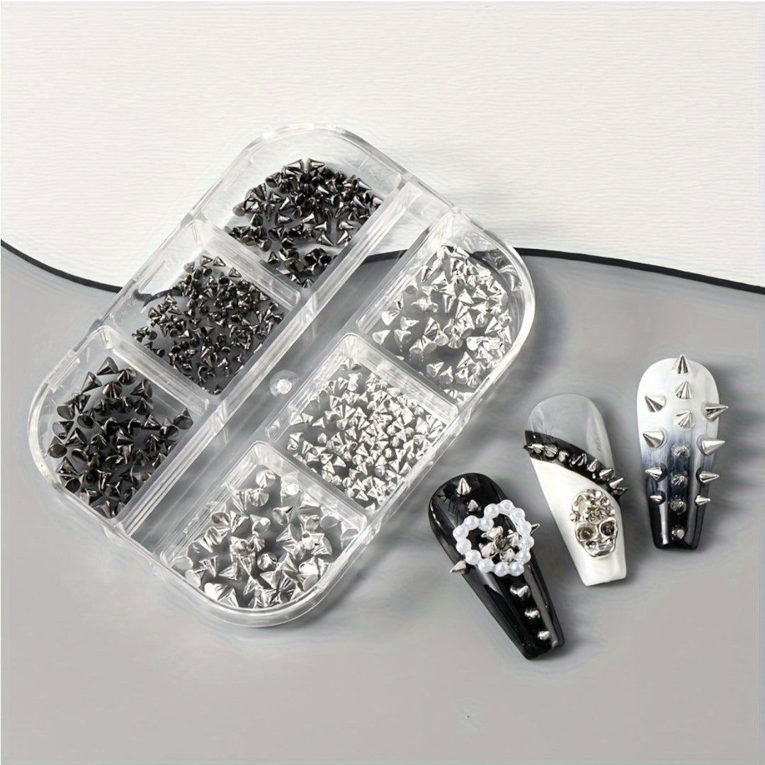 CNBS Nail Charms – Mixed White/Black Punk Cone Spikes (6 Grids)
